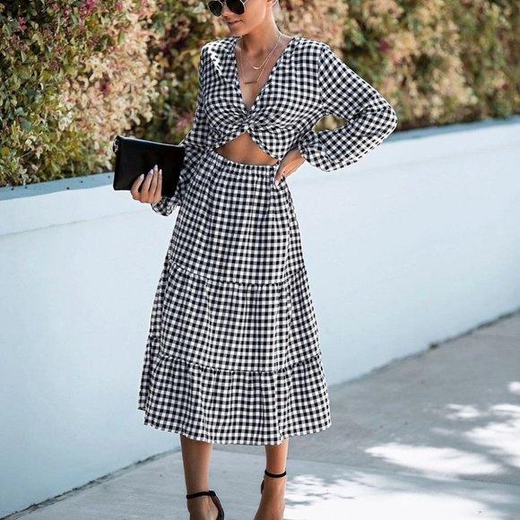 Gingham Twist Cut Out Ruffle Hem Bishop Sleeve Dress - Picture 3 of 4